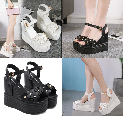 รองเท้าส้นเตารีดแต่งดอกไม้น่ารักๆ ไซต์ 34-38 สีดำ/ขาว