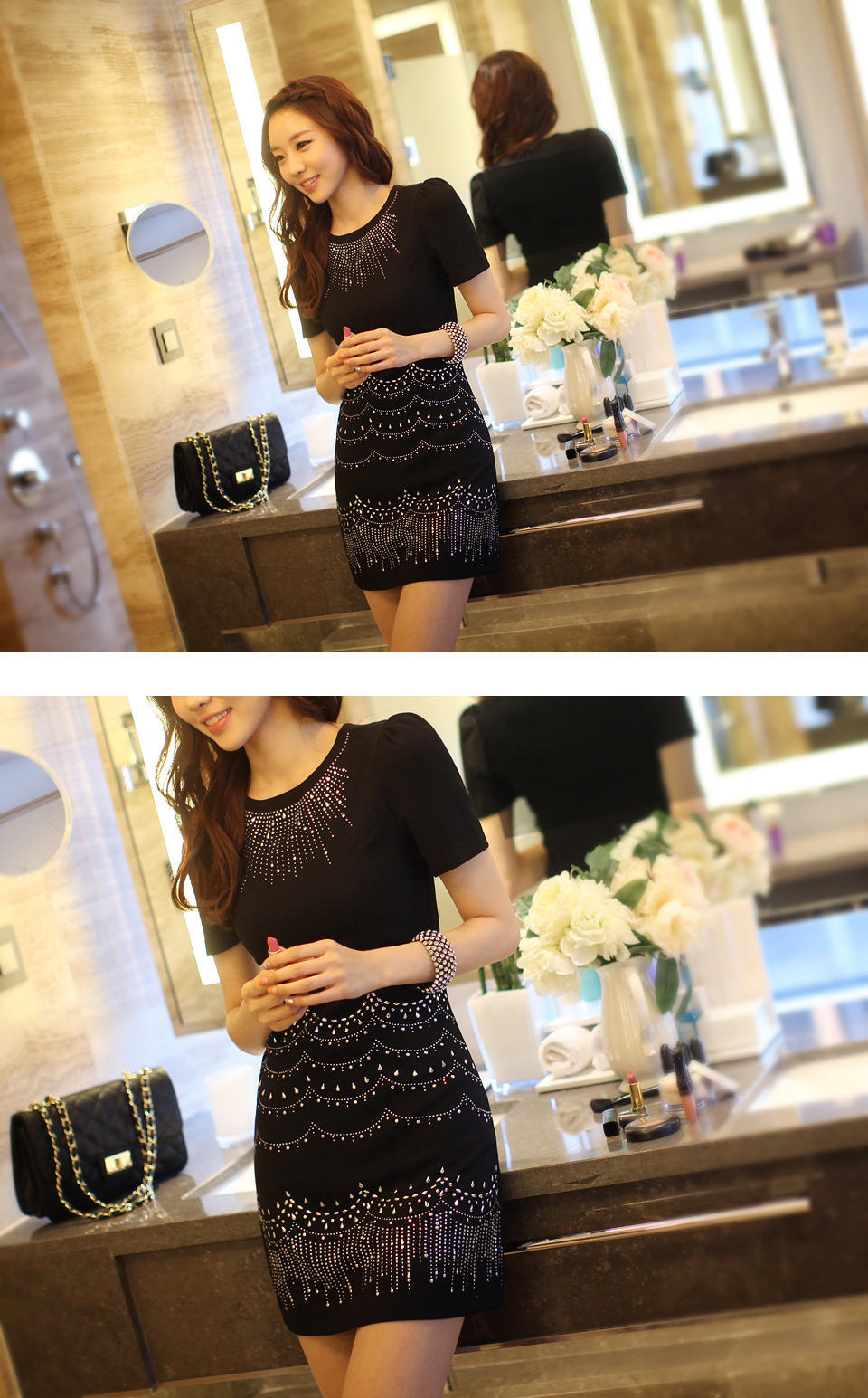 ***หมดค่ะ***เดรสผ้าเนื้อผสมสีดำยืดได้ ติดพลอยที่ตัวกระโปรง คอกลมแขนสั้นทรงเข้ารูปสวยเหมือนแบบค่ะ