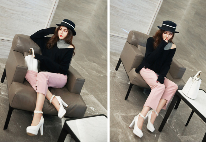 รองเท้าส้นสูงคัดชูสีหวานชมพู/ดำ/ขาว ไซต์ 34-43