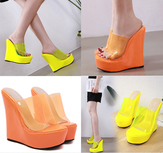 รองเท้าส้นเตารีดแบบสวมส้นสูง 6 นิ้ว สีส้ม/เหลือง ไซต์ 35-42