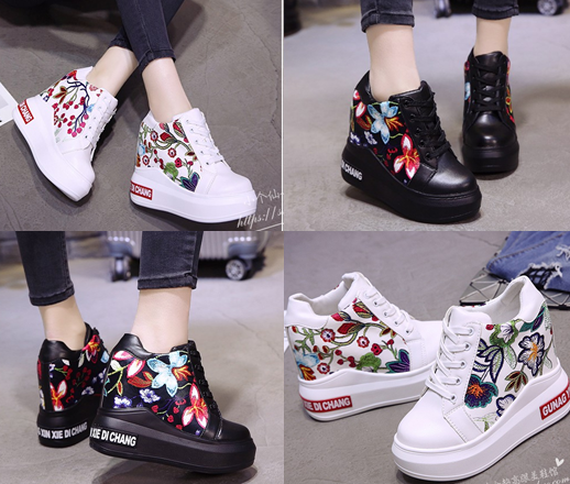 รองเท้าผ้าใบเสริมส้นปักลายดอกไม้สีขาว/ดำ ไซต์ 34-39