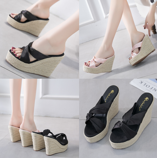 รองเท้าส้นเตารีดงานผ้าซาตินสายไขวืสีดำ/ชมพู ไซต์ 34-39