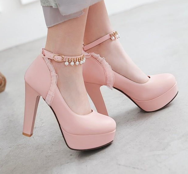 รองเท้าส้นสูงคัดชูมีสายรัดข้อ ไซต์ 34-43 สีดำ/ขาว/ชมพู/ครีม