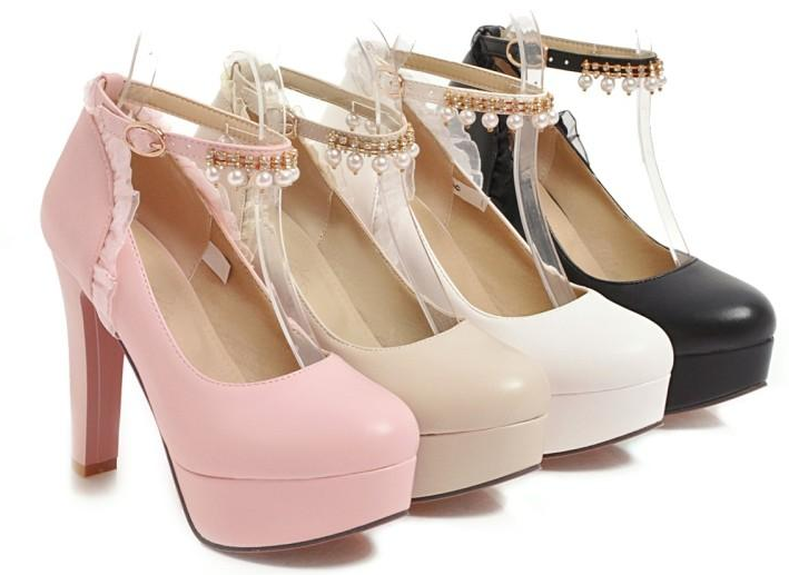 รองเท้าส้นสูงคัดชูมีสายรัดข้อ ไซต์ 34-43 สีดำ/ขาว/ชมพู/ครีม