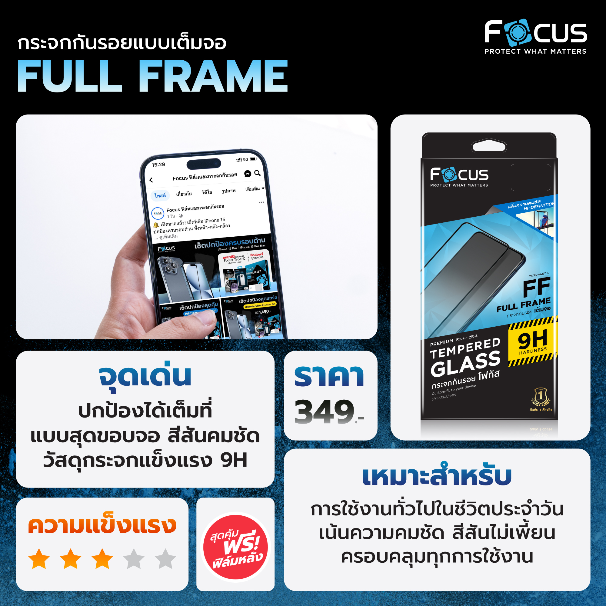 Focus ฟิล์ม กระจก เต็มจอ ใส โฟกัส ใช้สำหรับ iPhone 17 Pro Max Air 16 Plus 15 14 13 mini 12 11 Xs Xr X ใบกำกับภาษี