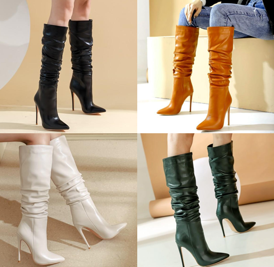 รองเท้าบูทส้นเข็มยาวถึงน่อง ไซต์ 34-43 สีดำ/ครีม/น้ำตาล/เขียว