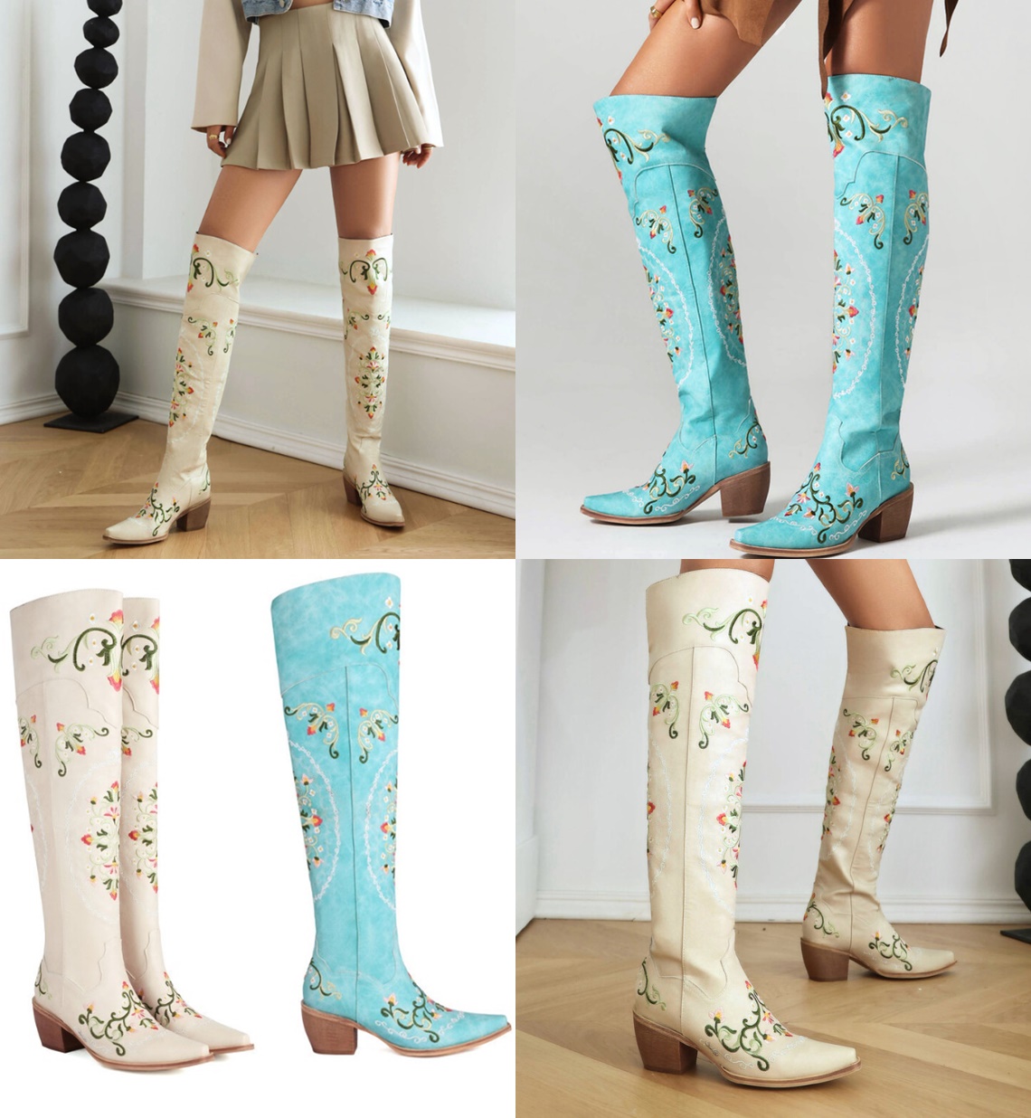 รองเท้าบูทยาวปักลายดอกไม้สีฟ้า/ครีม ไซส์ 34-43