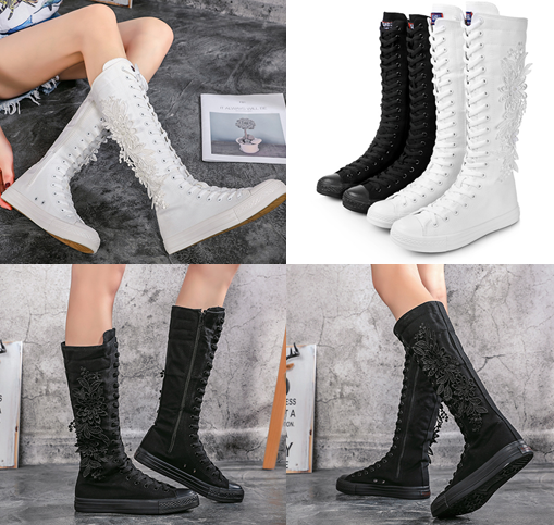 รองเท้าผ้าใบแบบยาวแต่งลูกไม้สีขาว/ดำ ไซต์ 35-43