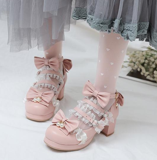 รองเท้าส้นสูงเจ้าหญิงน่ารักๆ ไซต์ 34-43 สีดำ/ครีม/ชม/ม่วง