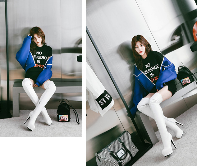 รองเท้าบูทยาวเลยเข่าส้นสูงสีน้ำตาล/ดำ/ขาว ไซต์ 34-43