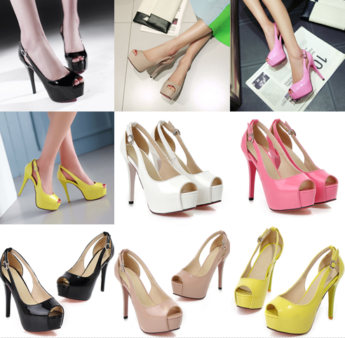 รองเท้าส้นสูงทรงเปิดหน้าสีดำ/ขาว/ชมพู/เหลือง/นู๊ด ไซต์ 34-39