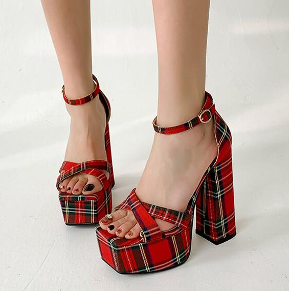 รองเท้าส้นสูงส้นหนา ไซส์ 34-43 สีฟ้า/ชมพู/แดง/