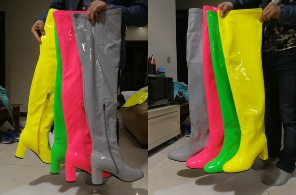 รองเท้าส้นบูทยาวเลยเข่าส้นหนาหนังแก้ว ไซต์ 34-46 สีดำ/เทา/ม่วง/เขียว/เหลือง/ชมพูอ่อน/ชมพูเข้ม