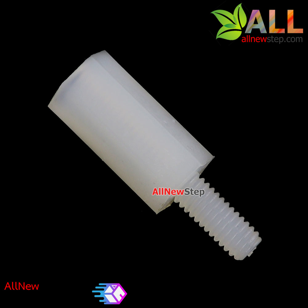 M2.5 Nut Nylon Hex Spacers M2.5 10+6mm เสาพลาสติก M2.5 ความสูง 10mm ปลายเป็นน๊อต-สกรู 6mm สีดำ