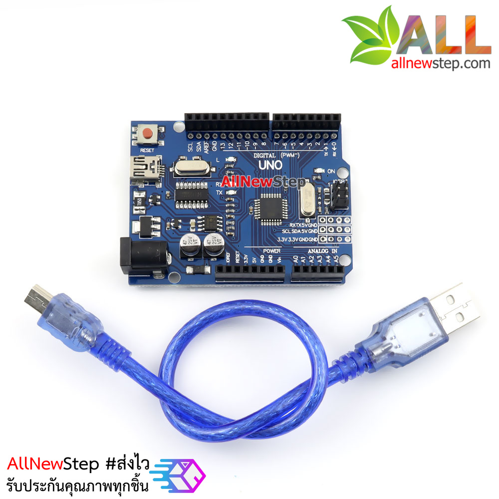 บอร์ด Uno R3 SMD Mini เพิ่มพอร์ทขยาย พร้อมสาย USB หัวต่อแบบ Mini USB (Arduino-Compatible)