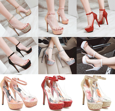 รองเท้าส้นสูงแบบสวยหรู ไซต์ 34-43 สีดำ/ขาว/เงิน/ชมพู/แดง/ทอง