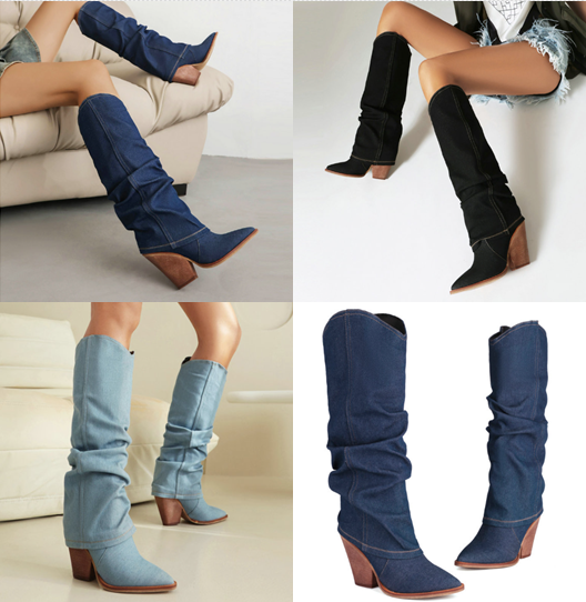 รองเท้าบูทคาวบอยผ้ายีนส์ ไซส์ 34-43 สีดำ/ฟ้า/น้ำเงิน