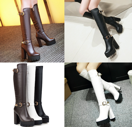 รองเท้าบูทยาวส้นหนาเดินง่ายสีดำ/น้ำตาล/ขาว ไซต์ 34-39