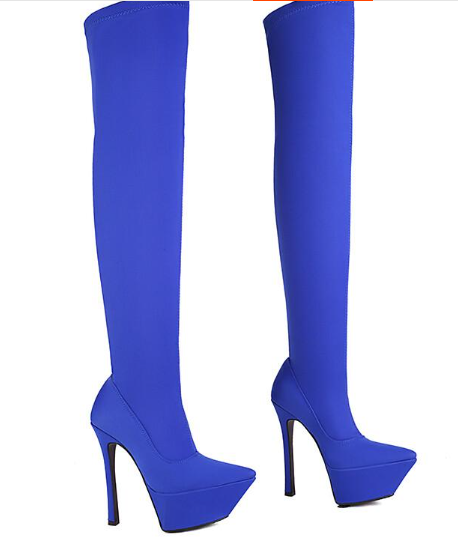 รองเท้าบูทยาวถึงต้นขาผ้ายืดสีม่วง/น้ำเงิน/ชมพู/ดำ/แดง ไซส์ 34-43