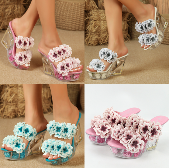 รองเท้าส้นเตารีดแต่งดอกไม้ ไซส์ 34-43 สีแอพพริคอท/ชมพู/ขาว/ฟ้า