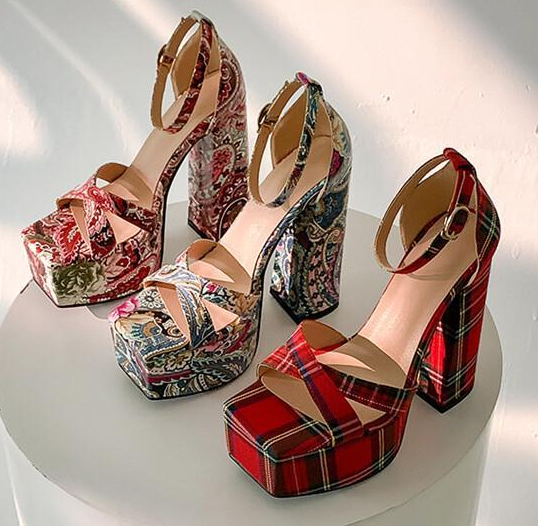 รองเท้าส้นสูงส้นหนา ไซส์ 34-43 สีฟ้า/ชมพู/แดง/