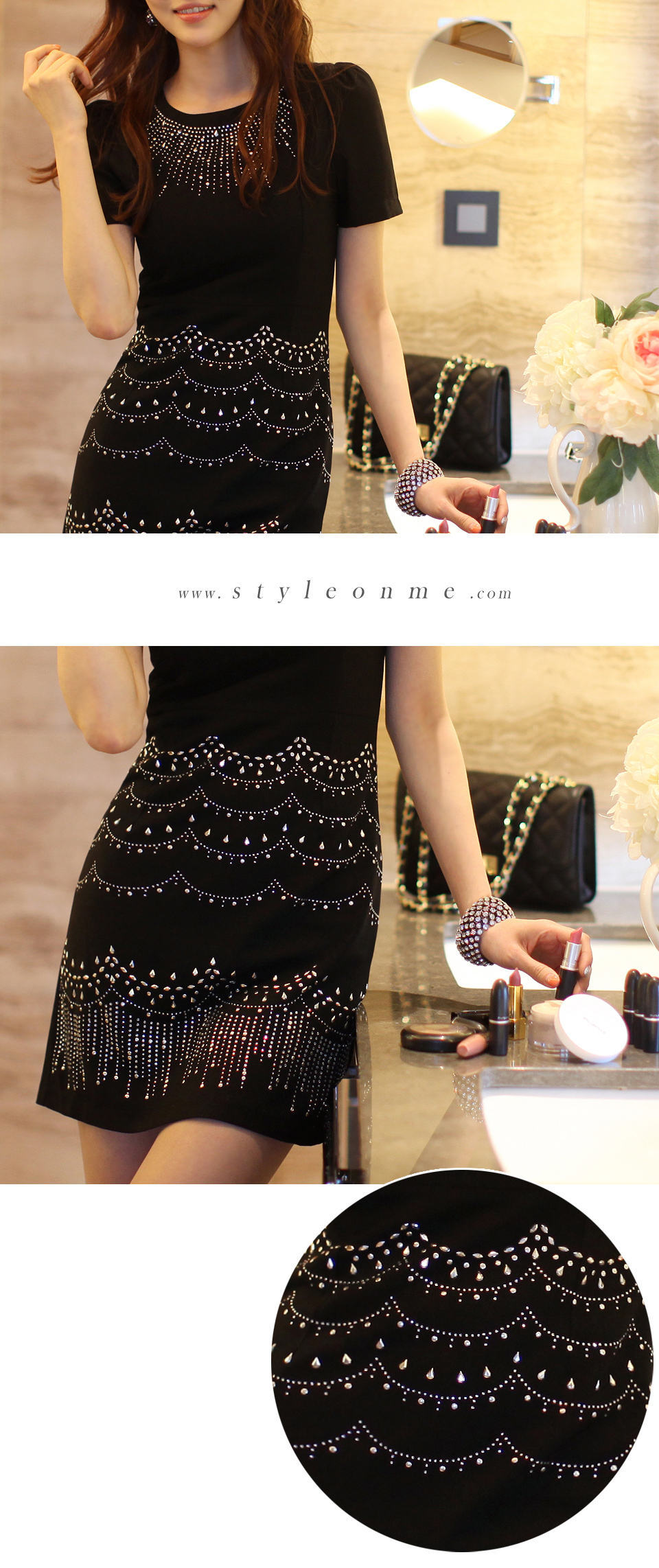 ***หมดค่ะ***เดรสผ้าเนื้อผสมสีดำยืดได้ ติดพลอยที่ตัวกระโปรง คอกลมแขนสั้นทรงเข้ารูปสวยเหมือนแบบค่ะ