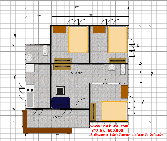บ้านโมเดิร์นขนาด 8*7.5 ระเบียง 1.5*5 เมตร (3ห้องนอน 2ห้องน้ำ 1ห้องนั่งเล่น 1ห้องครัว)