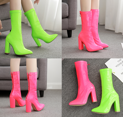 รองเท้าบูทส้นสูงหนังแก้วสีชมพู/เขียว ไซต์ 35-40