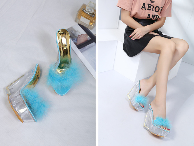 รองเท้าส้นเตารีดส้นแก้วแต่งขนฟรุ้งฟริ้งสีชมพู/ฟ้า/ครีม ไซต์ 34-40