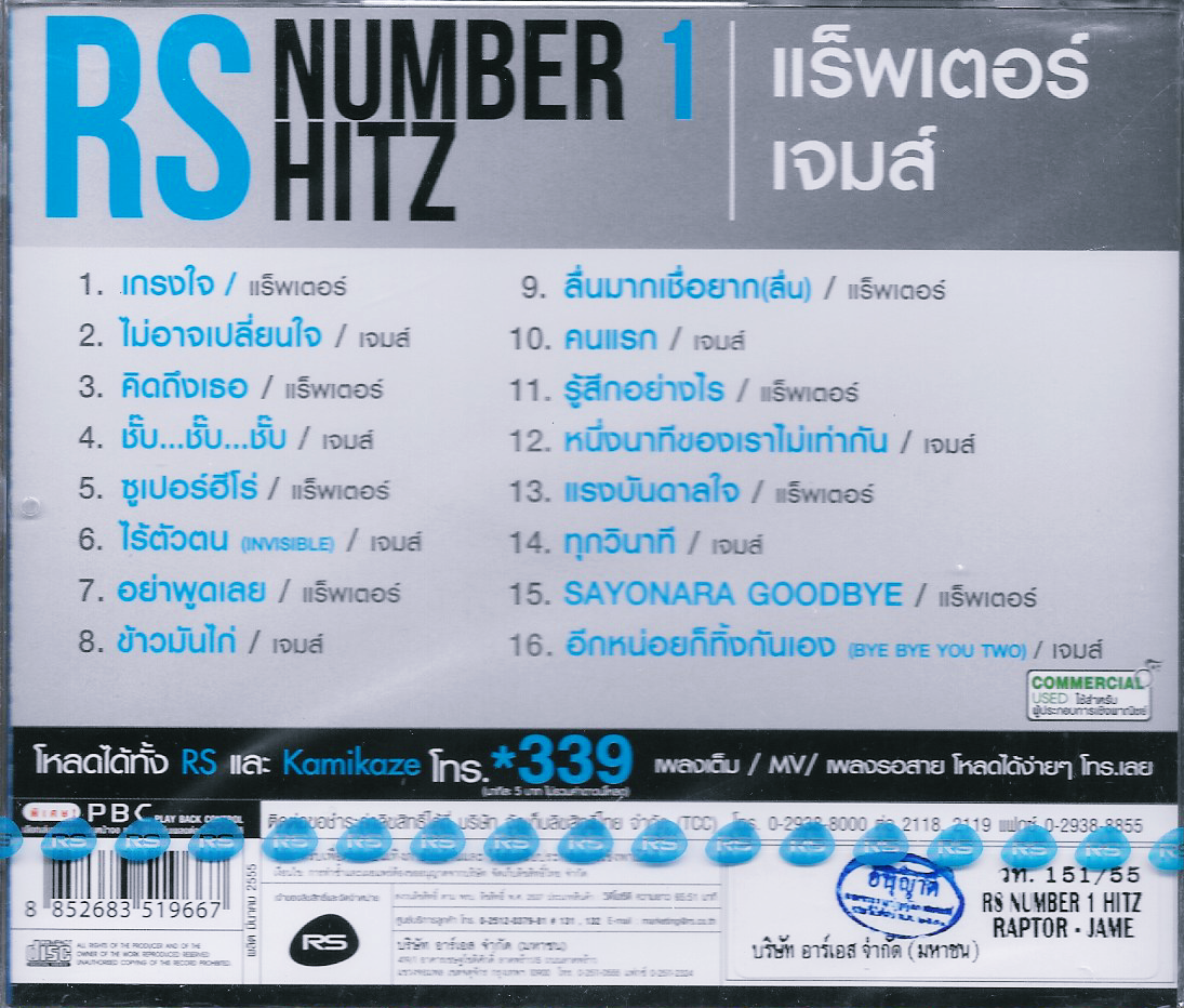 VCD Karaoke,แร็พเตอร์ เจมส์ - RS NUMBER 1 Hitz Raptor James เพลงฮิต ศิลปินที่คุณคิดถึง(วีซีดี คาราโอเกะ)(2555)