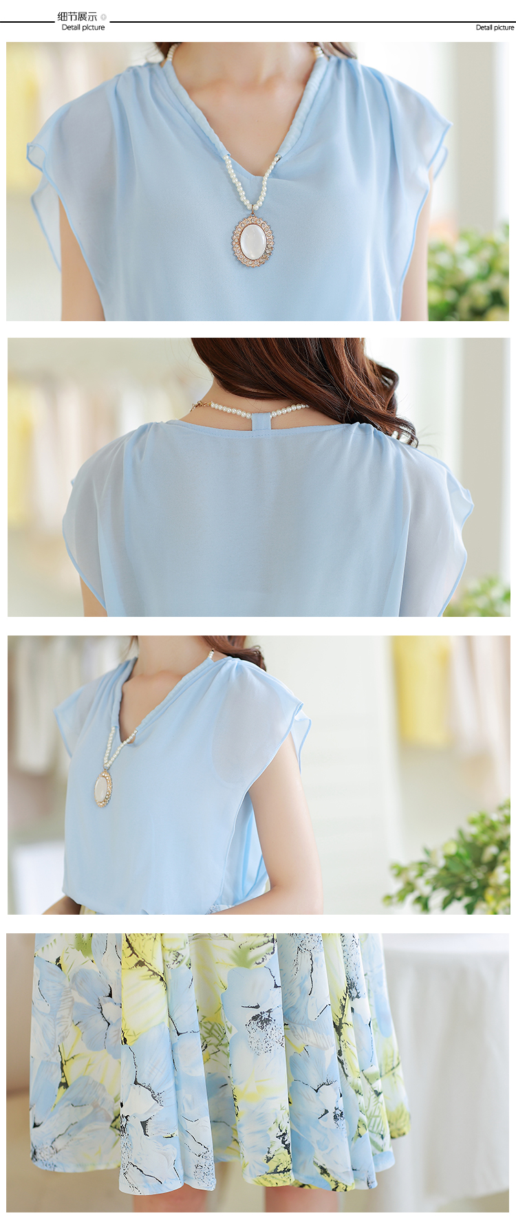 ***หมดค่ะ***เดรสสีฟ้าผ้าชีฟอง เพิ่มดีเทลสร้อยมุกร้อยเชื่อมต่อกับตัวเสื้อ ตัดต่อกระโปรงสีฟ้าลายดอกไม้ สวยหวานเหมือนแบบค่ะ