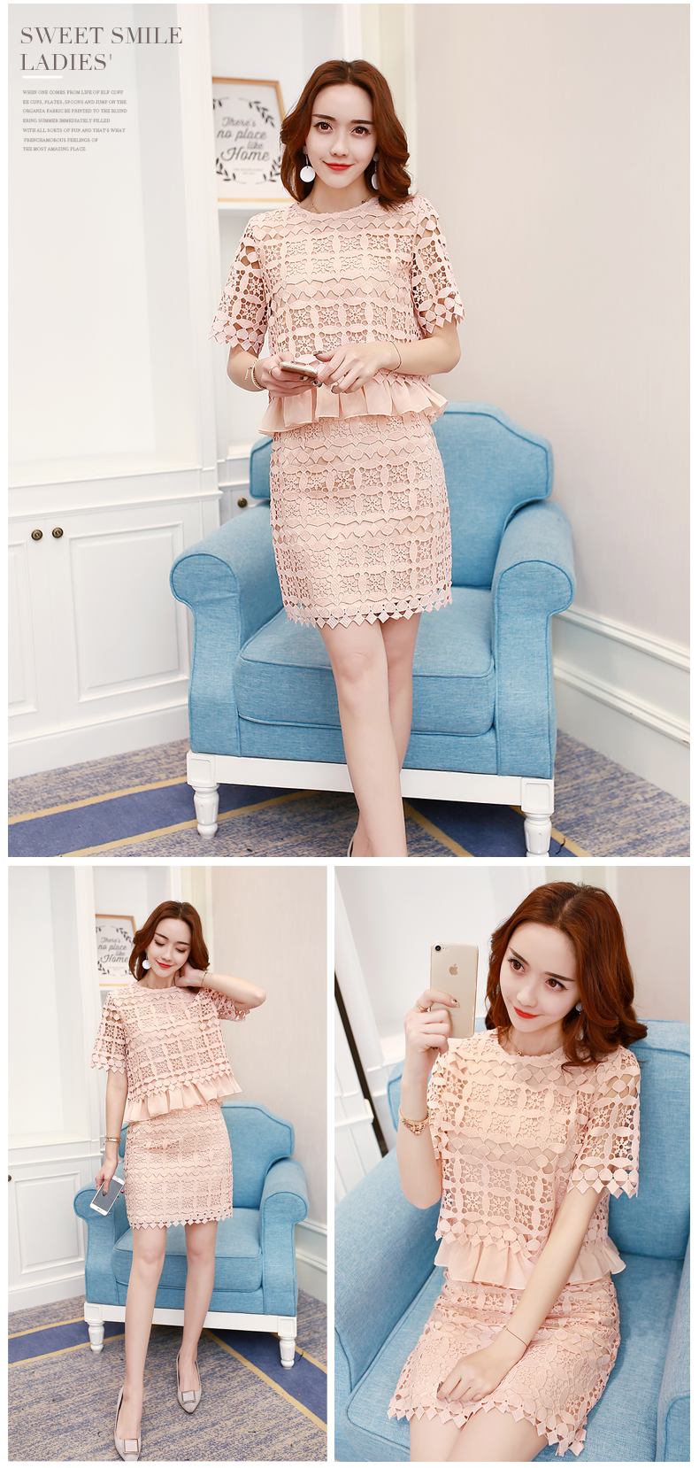 ***หมดค่ะ** ชุดเซ็ท เสื้อและกระโปรงผ้าลูกไม้สีโอรสแขนสั้น ชายระบายด้วยผ้าชีฟอง มีซับใน และซิบด้านข้างลำตัว น่ารักมากค่ะ