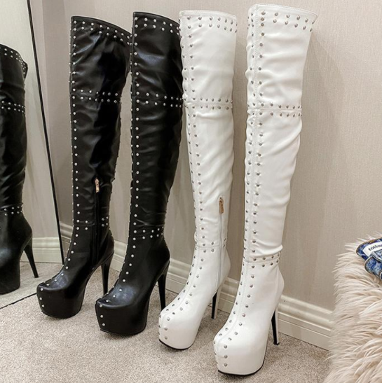 รองเท้าบูทหนังส้นสูงยาวเลยเข่า ไซต์ 34-43 สีขาว/ดำ