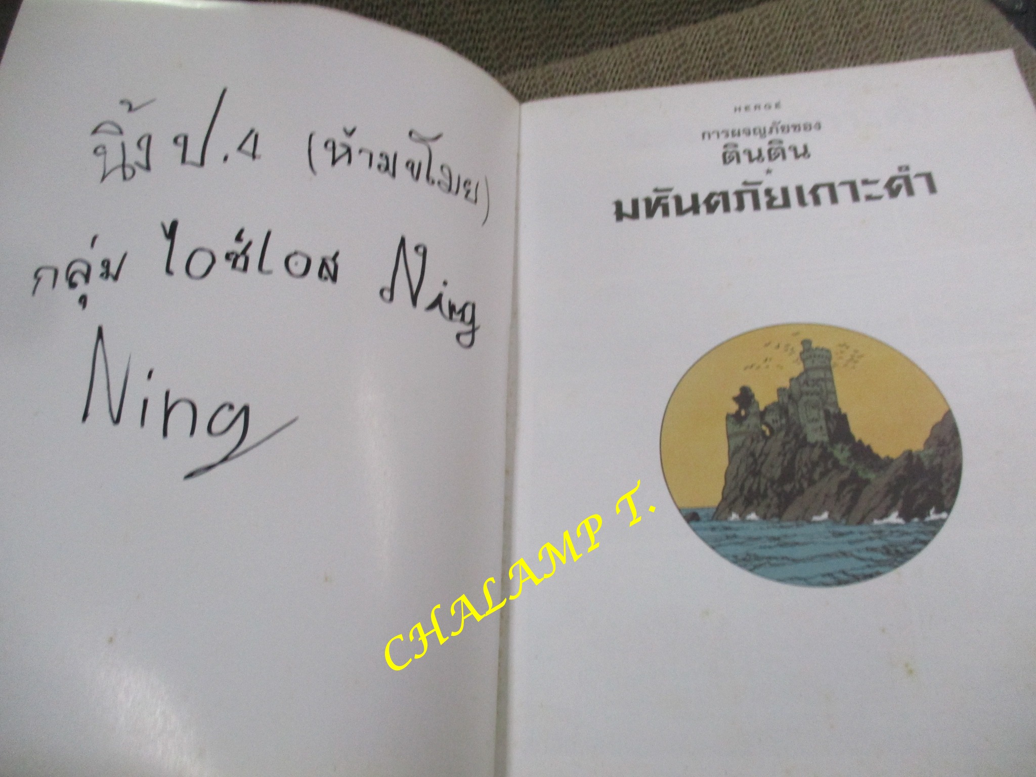 หนังสือ การผจญภัยของตินติน ตอน มหันตภัยเกาะดำ / ตำหนิ มีเขียนชื่อที่ปกหน้าด้านในตามภาพ