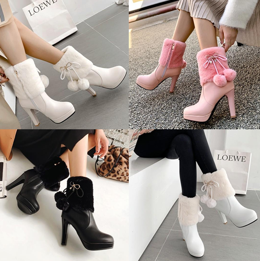 รองเท้าบูทส้นสูงแต่งขนปุยสีชมพู/ขาว/ครีม/ดำ ไซต์ 34-39