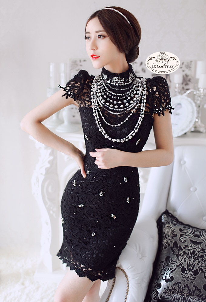 ***หมดค่ะ***เดรสผ้าลูกไม้สีดำแขนสั้นปักเลื่อมและมุก สวยหรูดูดีมากๆค่ะ