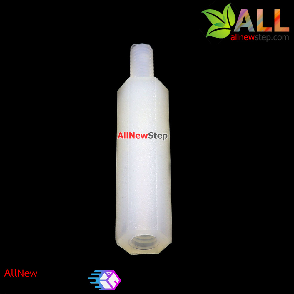 M2.5 Nut Nylon Hex Spacers M2.5 25+6mm เสาพลาสติก M2.5 ความสูง 25mm ปลายเป็นน๊อต-สกรู 5mm จำนวน 1 ชิ้น