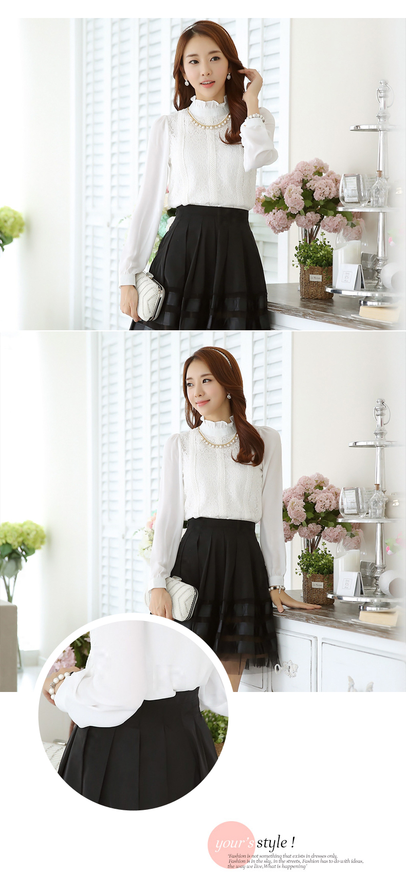 **พร้อมส่ง**เสื้อลูกไม้ผสมชีฟองแขนยาวสีขาวคอตั้งผสมระบาย ดีเทลตกแต่งลูกไม้ผ้าโปร่งนูนลายวงกลมดอกไม้ สวยคุณภาพดีเหมือนแบบค่ะ