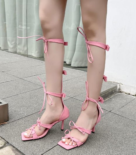 รองเท้าส้นสูงสายรัดขาสีดำ/ขาว/ชมพู/เงิน ไซส์ 35-39