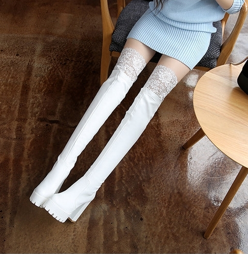 รองเท้าบูทยาวส้นสูงหนังยืดสีดำ/ขาว ไซต์ 34-42