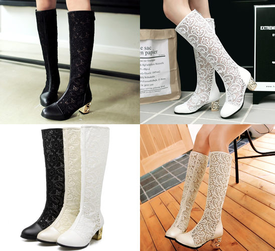 รองเท้าบูทยาวผ้าลูกไม้โปร่งสีขาว/ดำ/ครีม ไซต์ 34-43