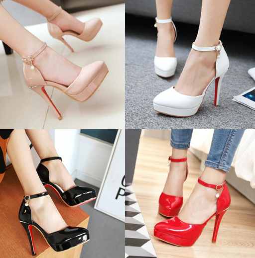 รองเท้าส้นสูงปลายแหลมสายรัดข้อสีแดง/ดำ/ขาว/นู๊ด ไซต์ 34-43