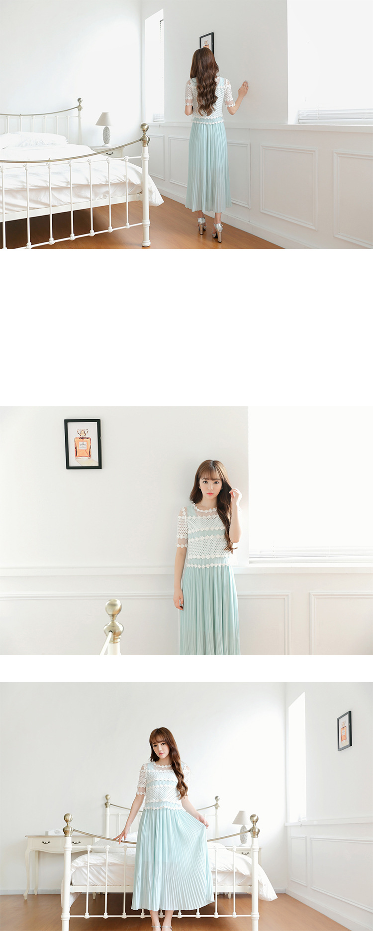 ***หมดค่ะ***เดรสยาวกระโปรงอัดพลีทสีฟ้าอ่อน พร้อมเสื้อลูกไม้แขนสั้น หวานมากๆค่ะ