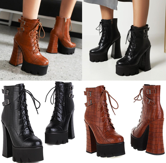รองเท้าบูท สูง 6 นิ้ว หนังบุลายสีดำ/น้ำตาล ไซต์ 34-41