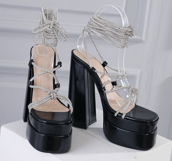 รองเท้าส้นสูงสายเชือกคริสตัล ไซส์ 35-42 สีเงิน/ทอง/ชมพู/ดำ