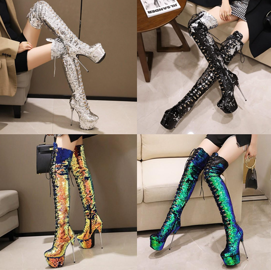 รองเท้าบูทยาวถึงต้นขาส้นเข็มงานปักเลื่อม ไซต์ 34-43 สีดำ/เงิน/ทอง/เขียว