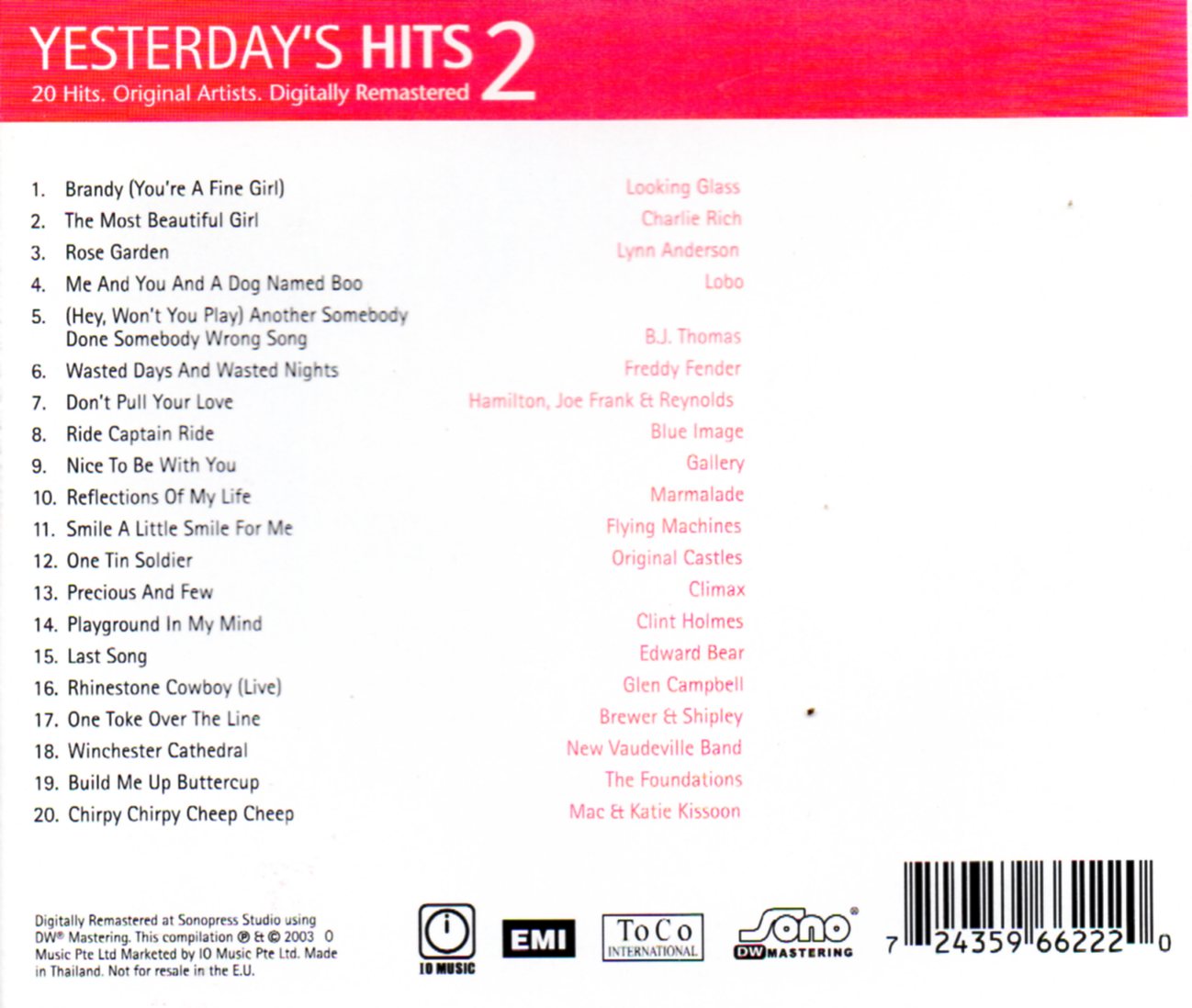 CD,Yesterday's Hits 2 - 20 Hits Original Artists Digitally Remastered(2003)(Various Artists)(Thai)