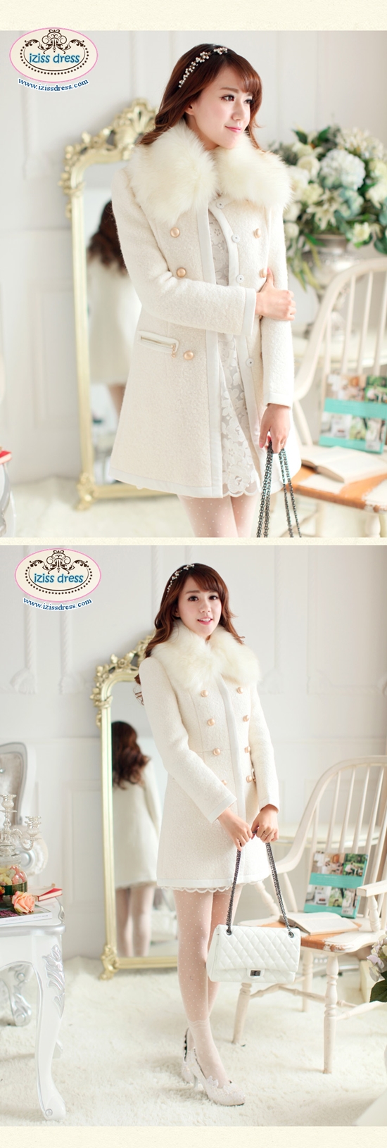 ***พร้อมส่งsize S นี้ค่ะจองด่วนมีจำนวนจำกัดจร้า***โค้ทกันหนาวสีครีมคอติดขนเฟอร์สีขาว ผ่าหน้าตกแต่งกระดุมสีทอง มีกระเป๋าติดซิปด้านข้างทั้ง 2 ข้าง สวยเหมือนแบบจร้า