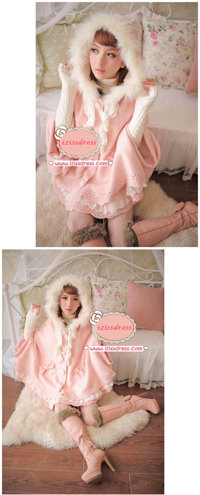 ***ขายดีมากๆ พร้อมส่ง มีจำนวนจำกัดจร้า***ชุดเสื้อโค้ทกันหนาวหมวกประดับขนเฟอร์สีชมพูสวยหวานทรงค้างคาว เหมือนแบบค่ะ