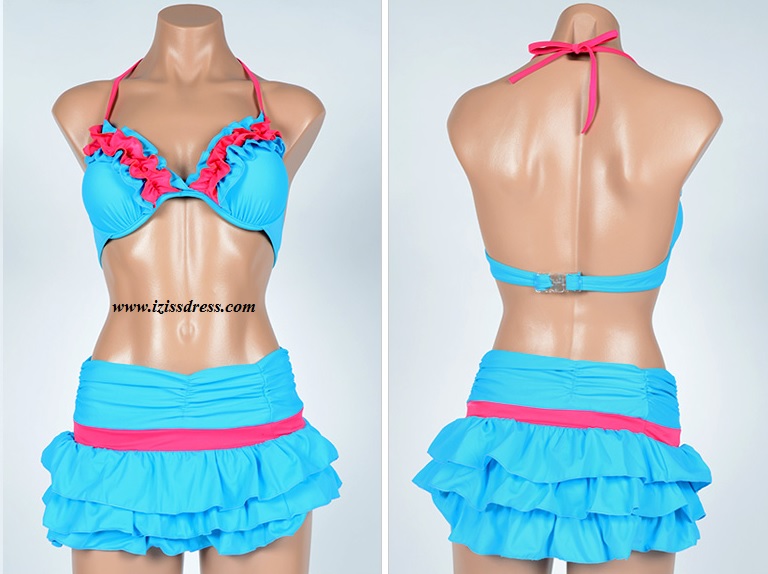 ***พร้อมส่ง***บิกินี่ชุดว่ายน้ำ set 3 ชิ้น three-pieces สีฟ้าสดใสช่วงบราตกแต่งระบายสีชมพูเข้ม มีสายผูกเป็นโบว์คล้องที่คอด้านหลัง พร้อมบิกินี่ และกระโปรงตกแต่งระบายเป็นชั้นๆ ตัดขอบด้วยแถบสีชมพูเข้ม ใส่แบบทูพีซปรับได้ 2 สไตล์ น่ารัก+sexy รับลมทะเล สวยเหม